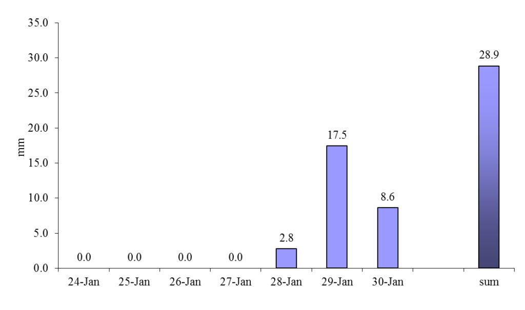 גרף עמודות של סיכומי המשקעים בשבוע החמישי בינואר