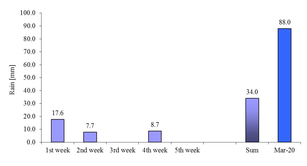 גרף עמודות של סיכום המשקעים החודשי (כמויות ופילוגים שבועיים)